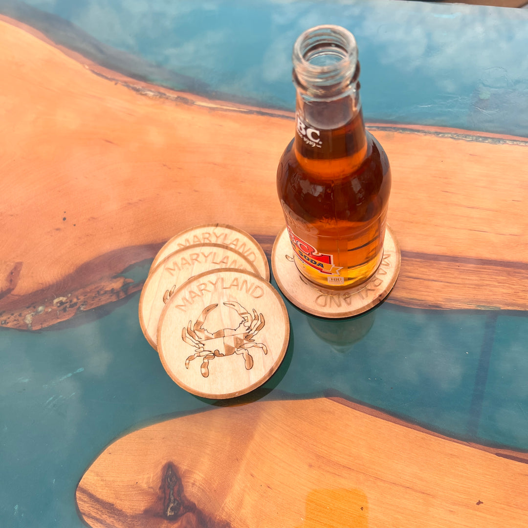 Maryland Crab  State Flag Themed Baltic Birch Wood Laser Cut Coasters Set of Six