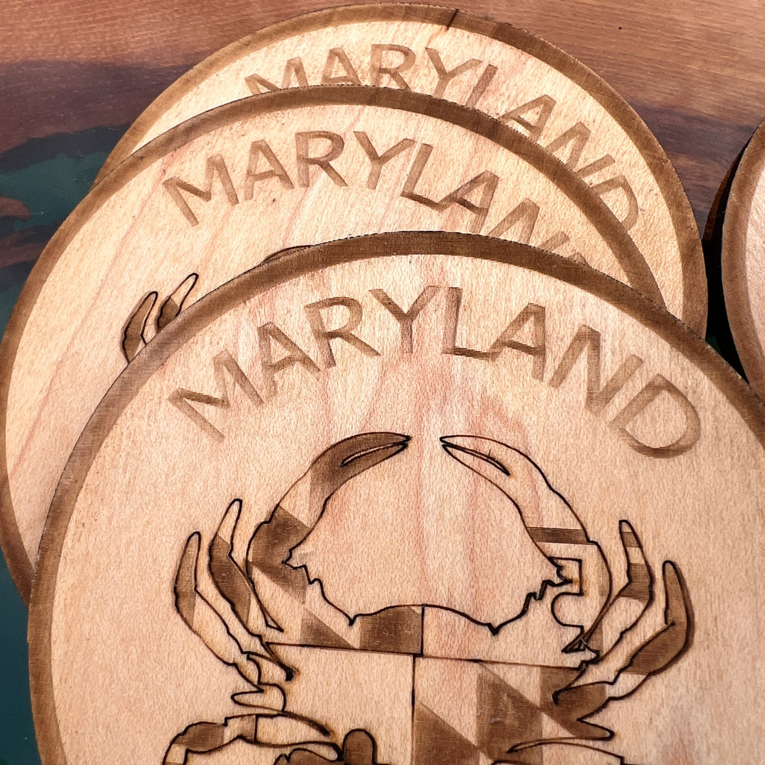 Maryland Crab  State Flag Themed Baltic Birch Wood Laser Cut Coasters Set of Six