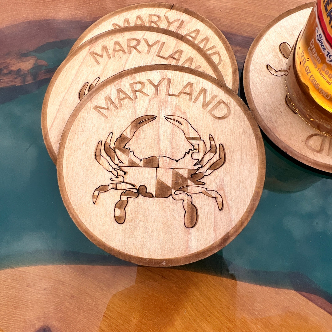 Maryland Crab  State Flag Themed Baltic Birch Wood Laser Cut Coasters Set of Six