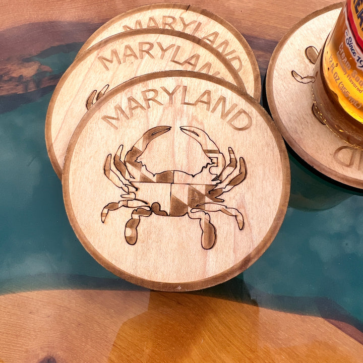 Maryland Crab  State Flag Themed Baltic Birch Wood Laser Cut Coasters Set of Six