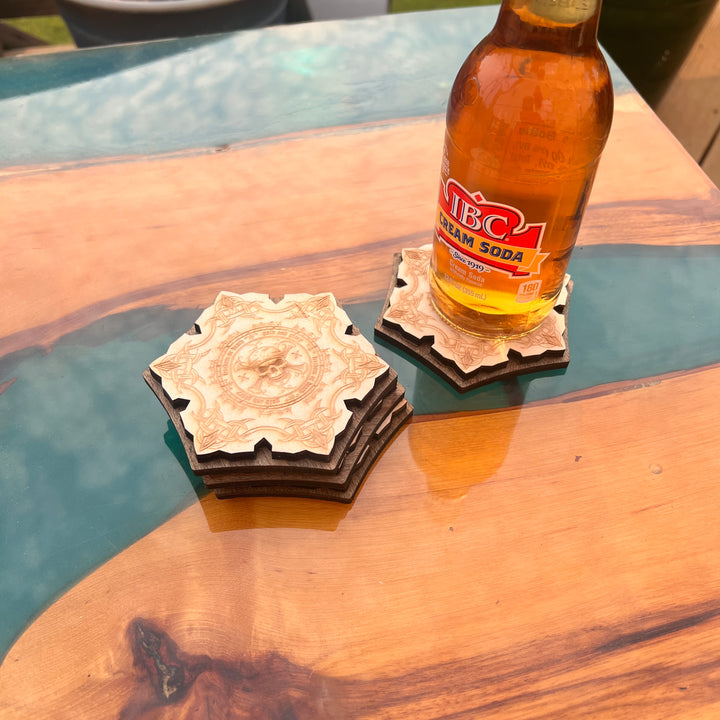Pirate Skill Themed Baltic Birch Wood Laser Cut Coasters Set of Six