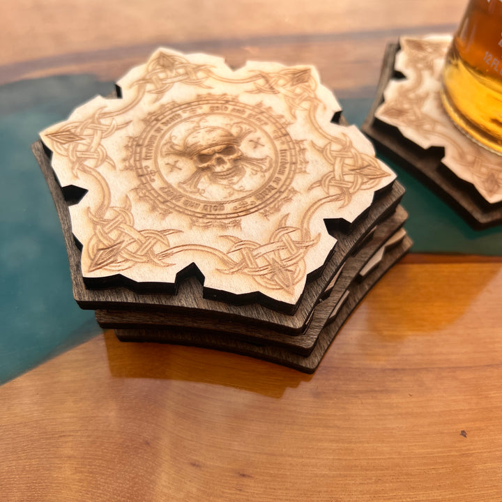 Pirate Skill Themed Baltic Birch Wood Laser Cut Coasters Set of Six