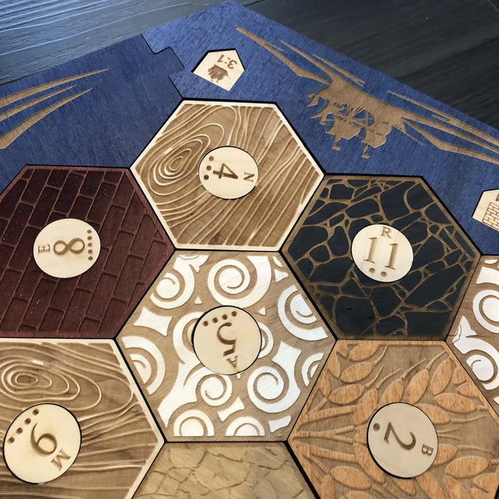 Blue Stained Catan Compatible Board Set with Laser Etched Terrain, Border and Number Pieces - CCHobby