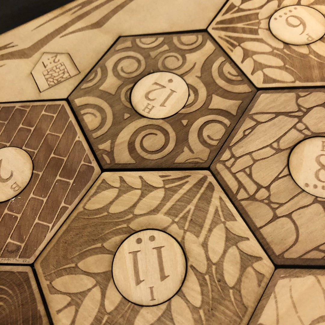 Custom Settlers of Catan Board Set with Laser Etched Terrain, Border and Number Pieces - CCHobby