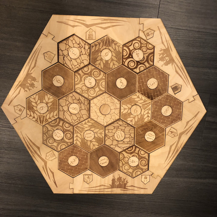 Custom Settlers of Catan Board Set with Laser Etched Terrain, Border and Number Pieces - CCHobby