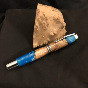 Majestic Rollerball Pen with Maple Burl and Blue Resin