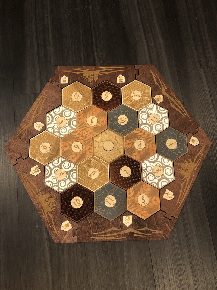 Stained Settlers of Catan Board Set with Laser Etched Terrain, Border and Number Pieces - CCHobby