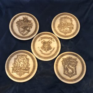 Wooden Harry Potter Hogwarts Coasters, Gryffindor, Hufflepuff, Ravenclaw and Slytherin - CCHobby